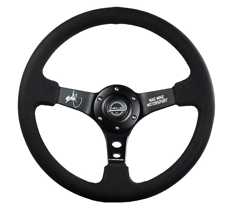 NRG Reinforced Steering Wheel (3in. Deep) Mad Mike /5mm Spoke/ Alcantara Finish/ Black Stitching