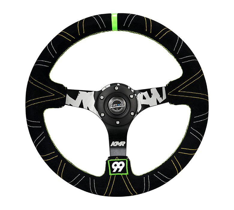 NRG Reinforced Steering Wheel (350mm / 3in. Deep) Blk Suede w/Color Stitch (Kyle Mohan Edition)