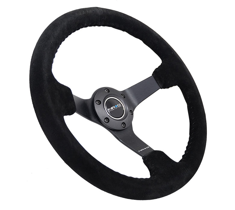 NRG Reinforced Steering Wheel (350mm / 3in. Deep) Blk Suede w/Blk BBall Stitch (Odi Bakchis Edition) - 0