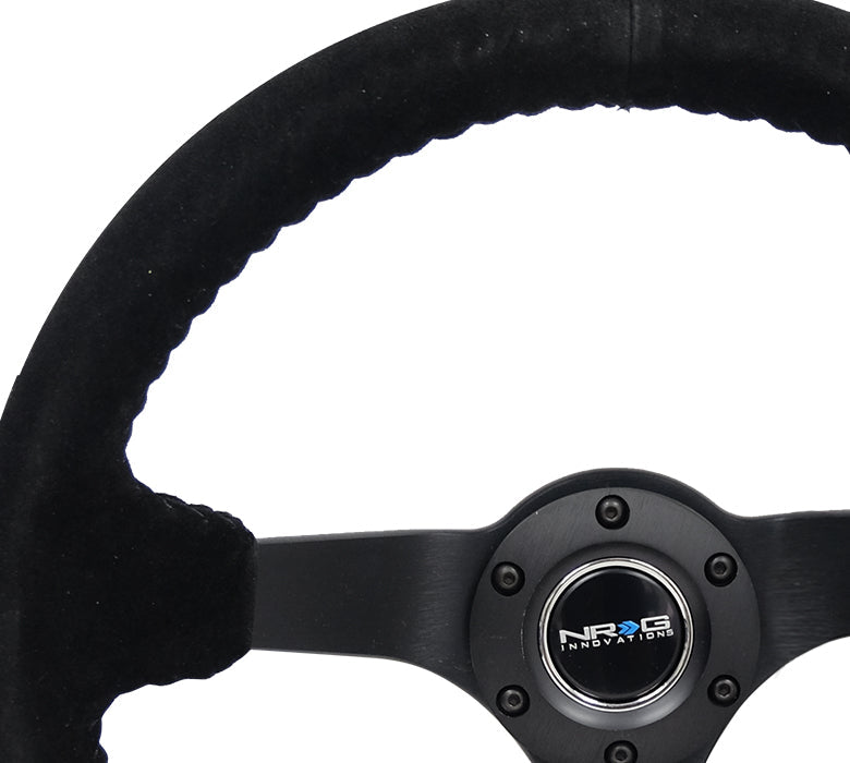 NRG Reinforced Steering Wheel (350mm / 3in. Deep) Blk Suede w/Blk BBall Stitch (Odi Bakchis Edition)