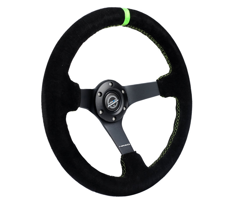 NRG Reinforced Steering Wheel 350mm/3in. Deep Blk Suede/ Neon Green Stitch w/5mm Matte Black Spoke - 0