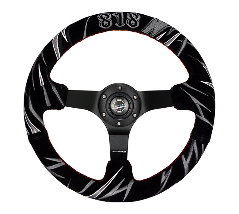 NRG Reinforced Steering Wheel (3in. Deep) Jeff Jones Sig Blk Suede, Red Stich, Car Livery Embroidery