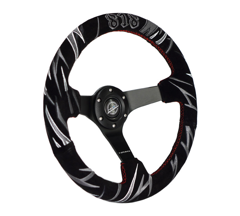 NRG Reinforced Steering Wheel (3in. Deep) Jeff Jones Sig Blk Suede, Red Stich, Car Livery Embroidery - 0