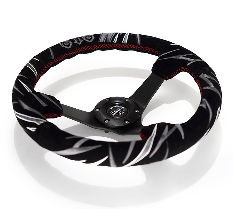 NRG Reinforced Steering Wheel (3in. Deep) Jeff Jones Sig Blk Suede, Red Stich, Car Livery Embroidery