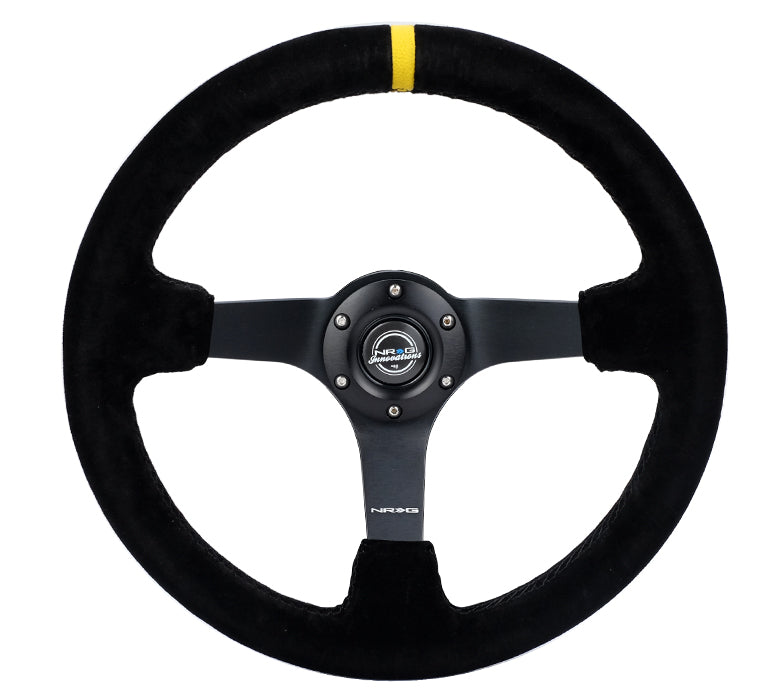 NRG Reinforced Steering Wheel (350mm / 3in. Deep) Blk Suede/X-Stitch w/5mm Blk Spoke & Yellow CM