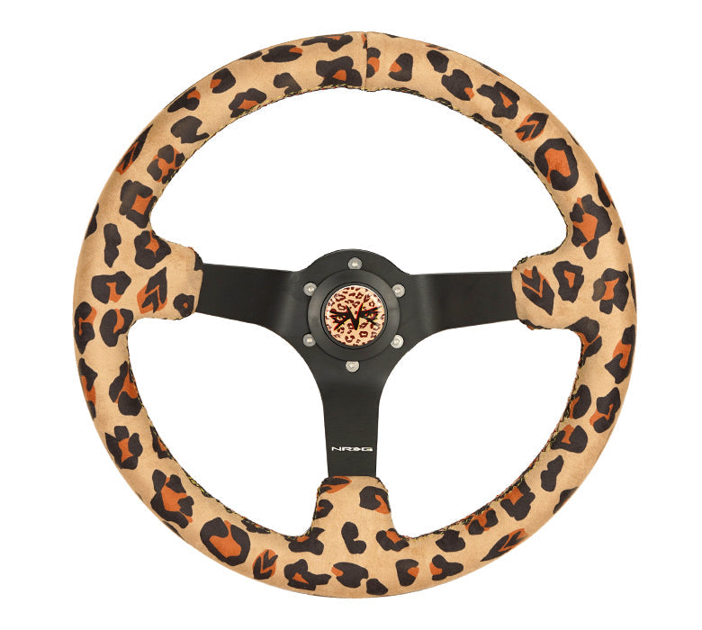 NRG Reinforced Steering Wheel (350mm/3in. Deep) SAVAGE Brown Leopard w/ Matte Blk Spokes