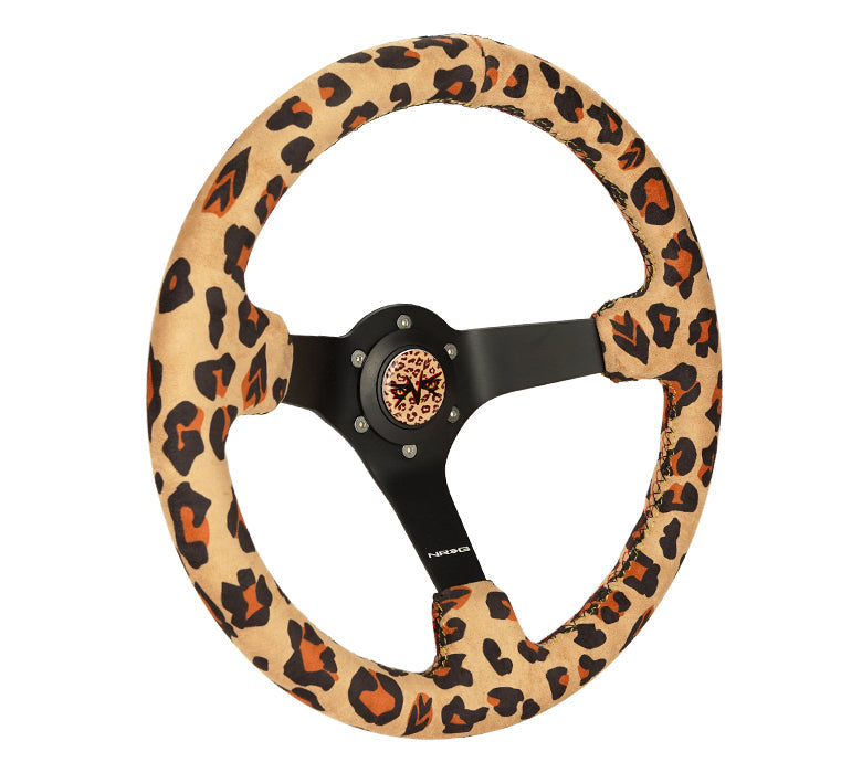 NRG Reinforced Steering Wheel (350mm/3in. Deep) SAVAGE Brown Leopard w/ Matte Blk Spokes - 0