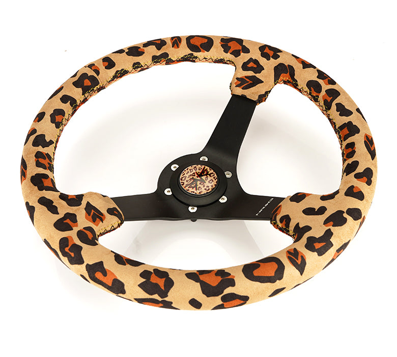 NRG Reinforced Steering Wheel (350mm/3in. Deep) SAVAGE Brown Leopard w/ Matte Blk Spokes