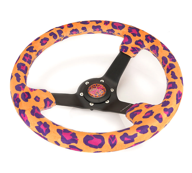 NRG Reinforced Steering Wheel (350mm/3in. Deep) SAVAGE Orange Leopard w/ Matte Blk Spokes