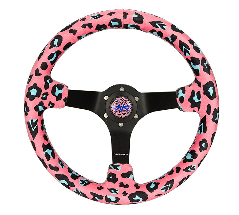 NRG Reinforced Steering Wheel (350mm/3in. Deep) SAVAGE Pink Leopard w/ Matte Blk Spokes