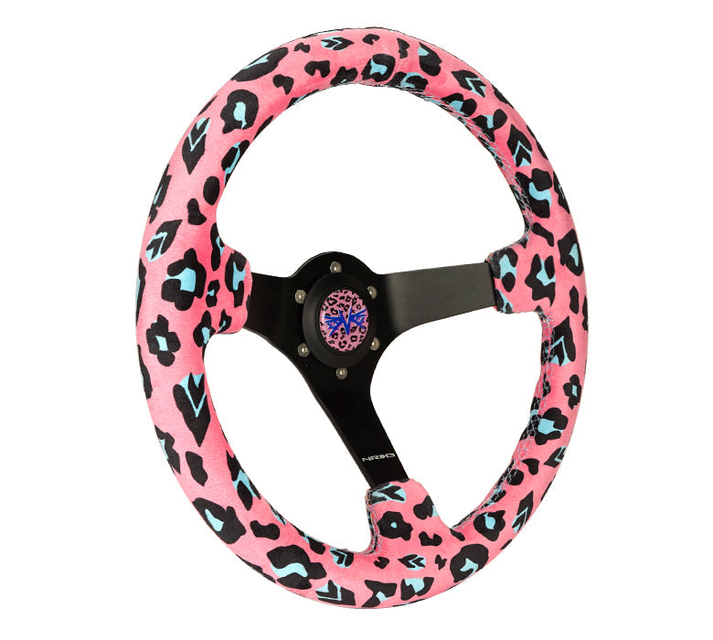 NRG Reinforced Steering Wheel (350mm/3in. Deep) SAVAGE Pink Leopard w/ Matte Blk Spokes - 0