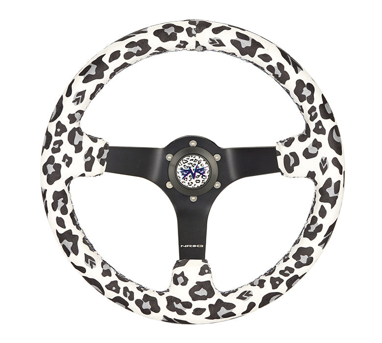 NRG Reinforced Steering Wheel (350mm/3in. Deep) SAVAGE White Leopard w/ Matte Blk Spokes