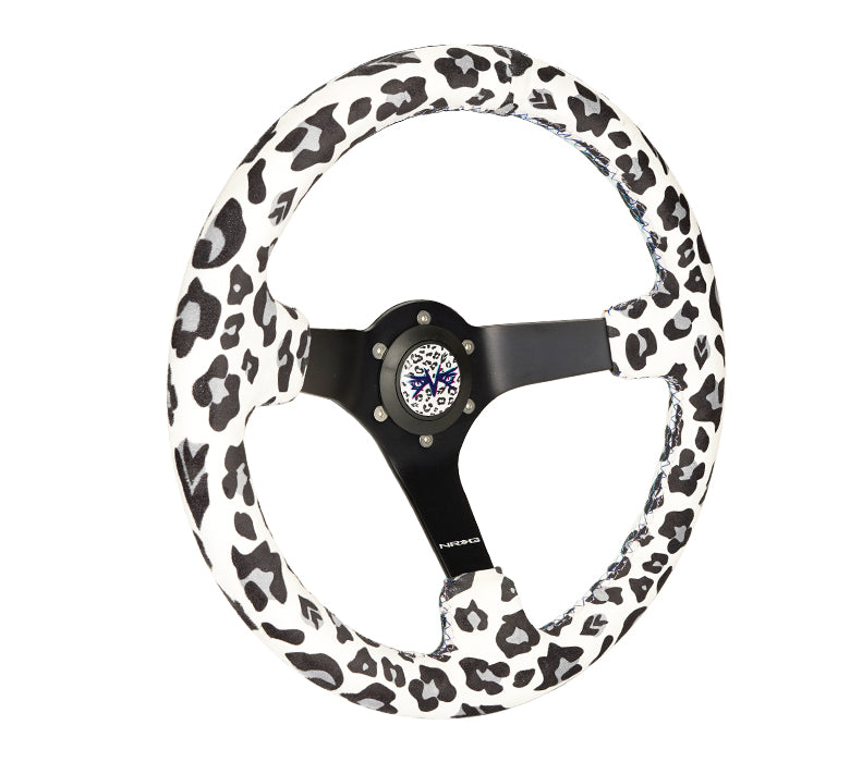 NRG Reinforced Steering Wheel (350mm/3in. Deep) SAVAGE White Leopard w/ Matte Blk Spokes - 0