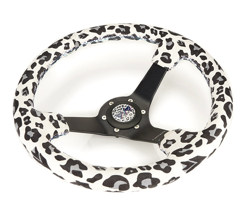 NRG Reinforced Steering Wheel (350mm/3in. Deep) SAVAGE White Leopard w/ Matte Blk Spokes