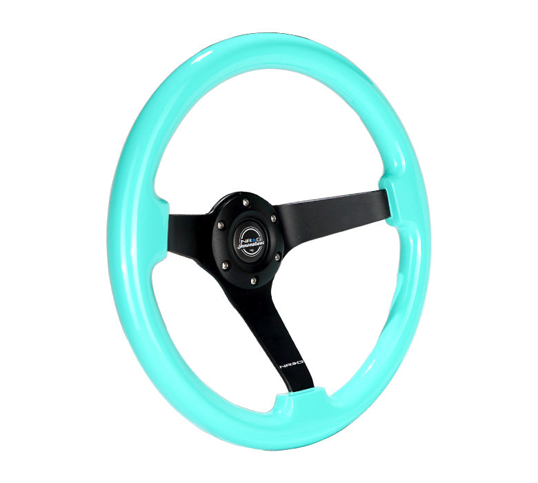 NRG Reinforced Steering Wheel (350mm / 3in Deep) Minty Fresh Wood Grain w/Black 3-Spoke Center - 0