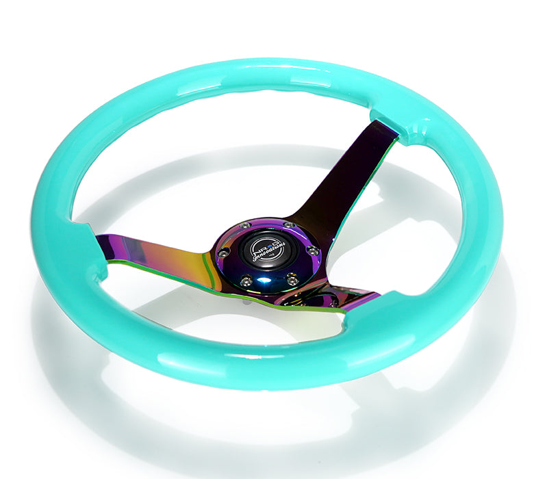 NRG Reinforc Steering Wheel (350mm / 3in. Deep) Minty Fresh Wood Grain w/Neochrome 3-Spoke Center - 0