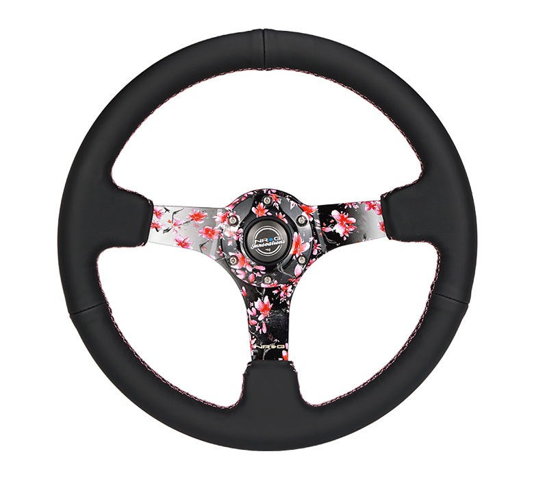 NRG Reinforced Steering Wheel (350mm/3in.) Hydro Dipped Sakura Floral w/ Pink Suede Black Stitch