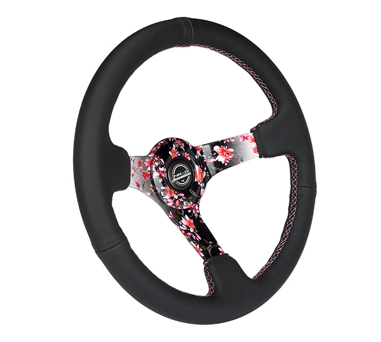 NRG Reinforced Steering Wheel (350mm/3in.) Hydro Dipped Sakura Floral w/ Pink Suede Black Stitch - 0