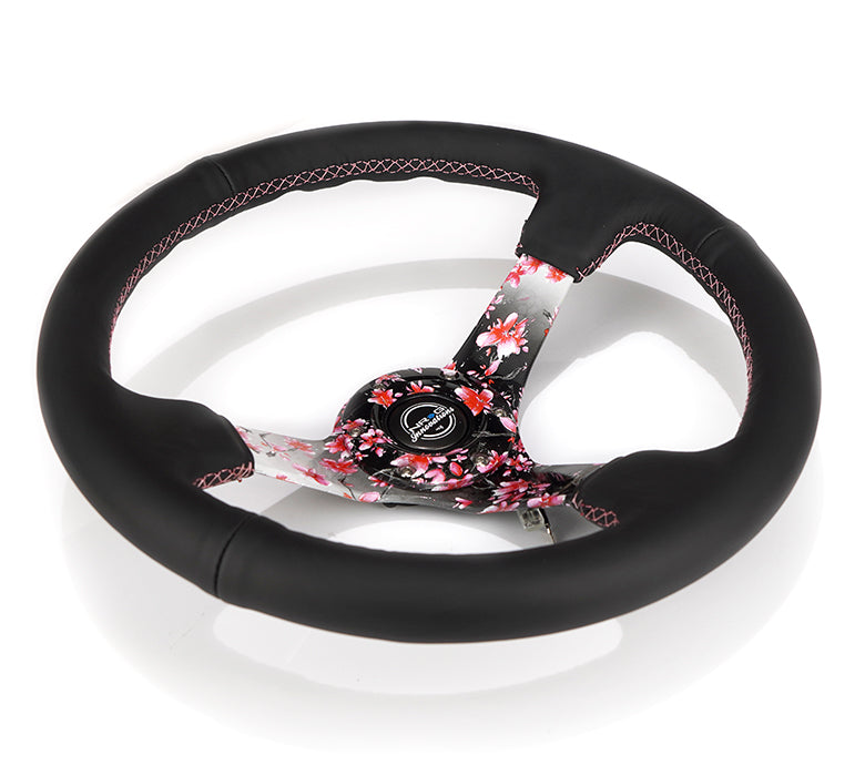 NRG Reinforced Steering Wheel (350mm/3in.) Hydro Dipped Sakura Floral w/ Pink Suede Black Stitch