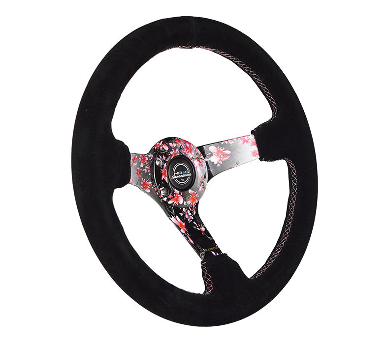 NRG Reinforced Steering Wheel (350mm) 3in Deep Pink Sakura Floral Solid Spoke - Black Suede/Stitch - 0