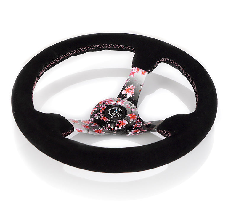 NRG Reinforced Steering Wheel (350mm) 3in Deep Pink Sakura Floral Solid Spoke - Black Suede/Stitch