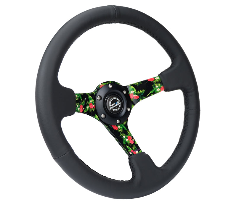 NRG Reinforced Steering Wheel (350mm/ 3in. Deep) Matte Black Spoke/Black Leather/ Yellow Center - 0