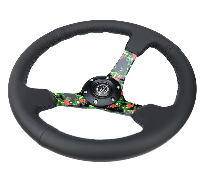 NRG Reinforced Steering Wheel (350mm/ 3in. Deep) Matte Black Spoke/Black Leather/ Yellow Center