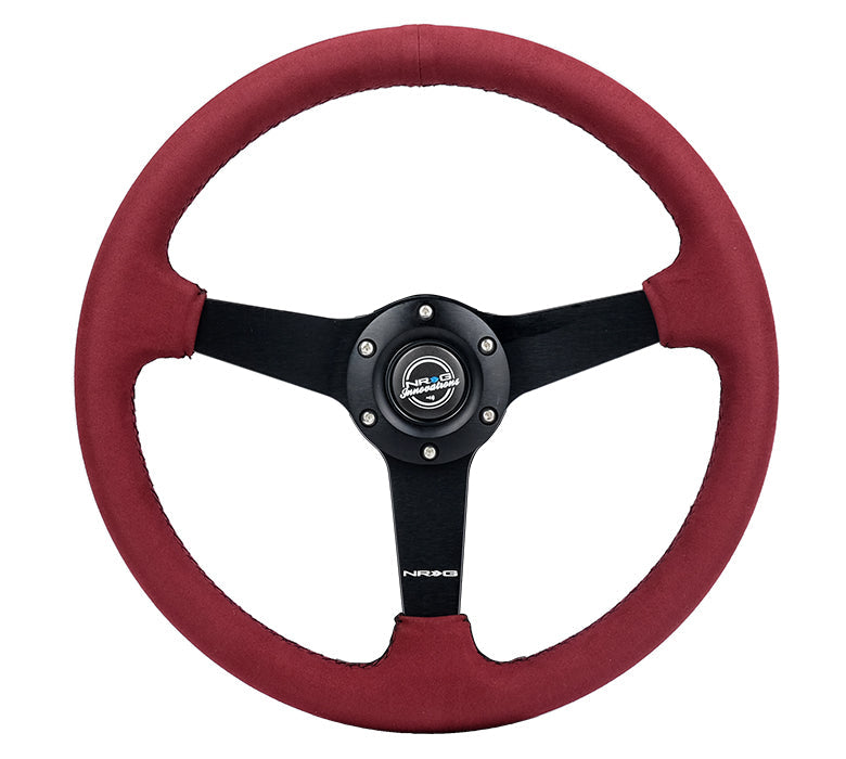 NRG Sport Wheel (350mm) 3 Solid Spokes - 1.5in Deep - Burgundy - Micro Suede - Black Stitching