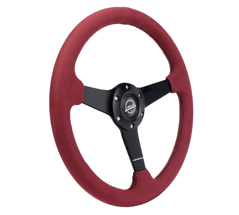 NRG Sport Wheel (350mm) 3 Solid Spokes - 1.5in Deep - Burgundy - Micro Suede - Black Stitching - 0