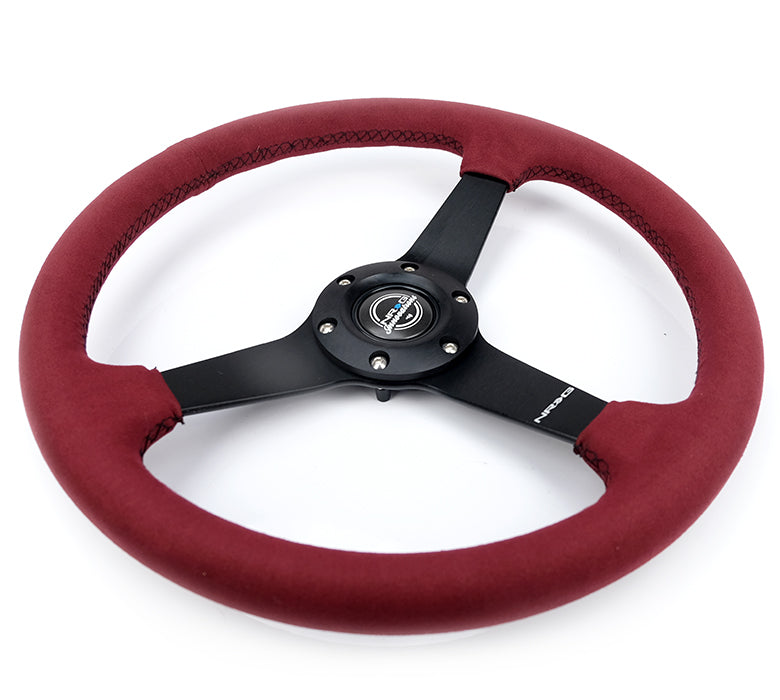 NRG Sport Wheel (350mm) 3 Solid Spokes - 1.5in Deep - Burgundy - Micro Suede - Black Stitching