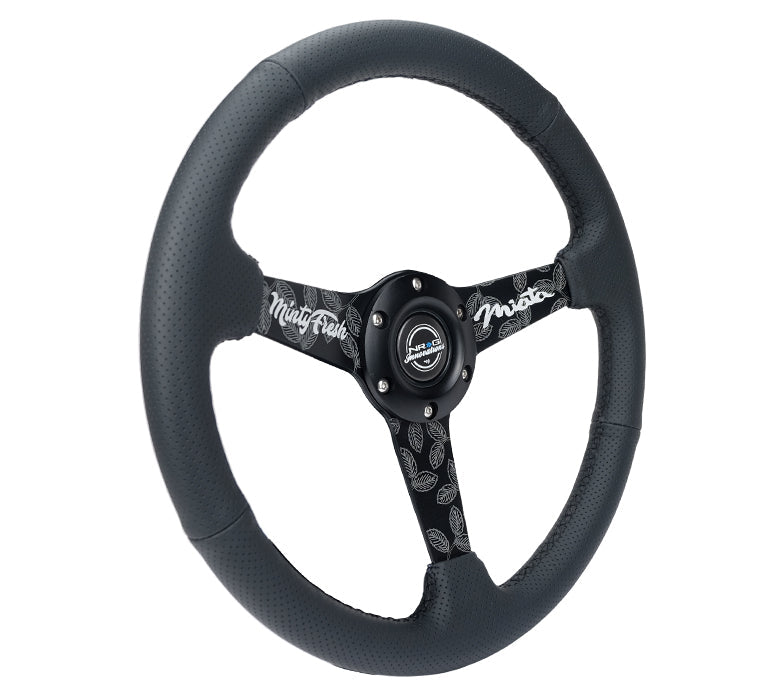 NRG Sport Steering Wheel (350mm/ 1.5in. Deep) Black Etched Spokes/ Black Leather w/ Black Stitch - 0