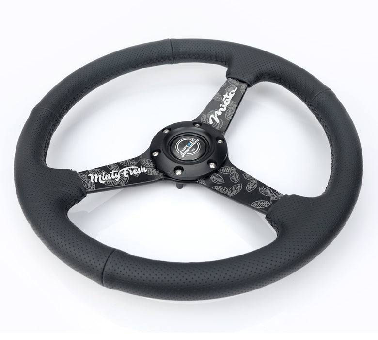 NRG Sport Steering Wheel (350mm/ 1.5in. Deep) Black Etched Spokes/ Black Leather w/ Black Stitch