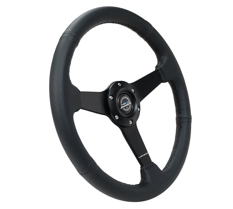 NRG Sport Steering Wheel (350mm / 1.5in Deep) Black Leather Black Stitch w/Matte Black Solid Spokes - 0