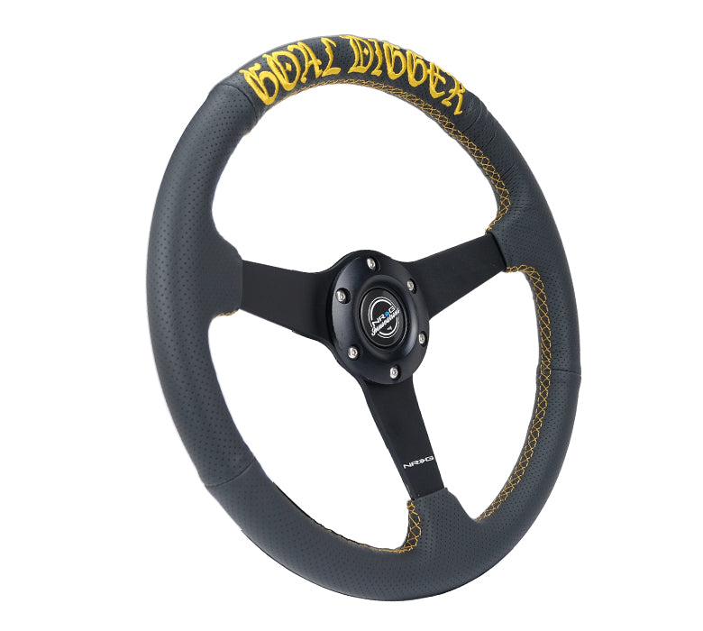 NRG Sport Steering Wheel (350mm / 1.5in Deep) Black Leather/Gold Stitch w/Matte Black Solid Spokes - 0