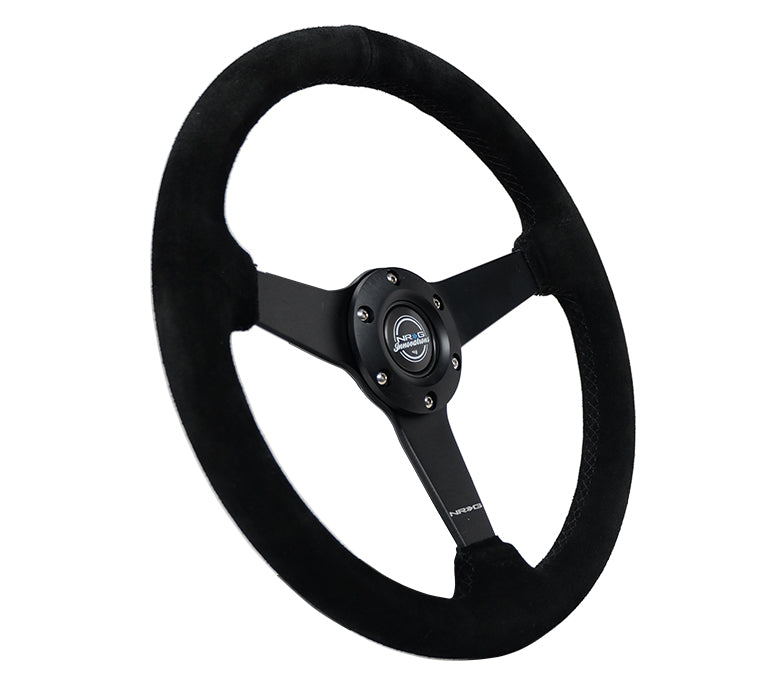 NRG Sport Steering Wheel (350mm / 1.5in Deep) Black Suede/Black Stitch w/Matte Black Solid Spokes - 0