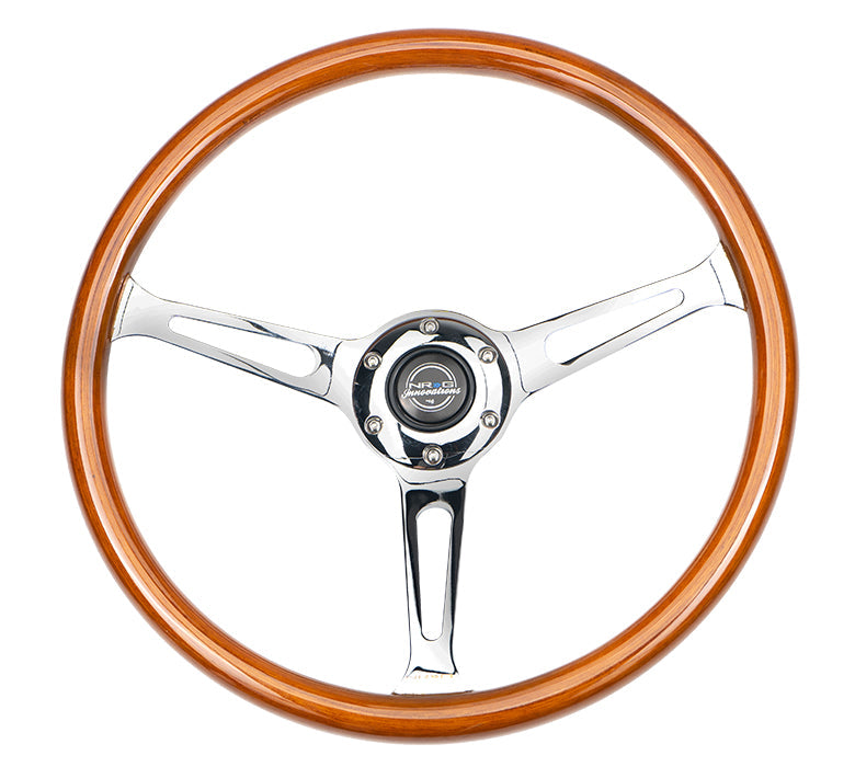 NRG Reinforced Steering Wheel (360mm) Classic Wood Grain w/Chrome Cutout 3-Spoke Center