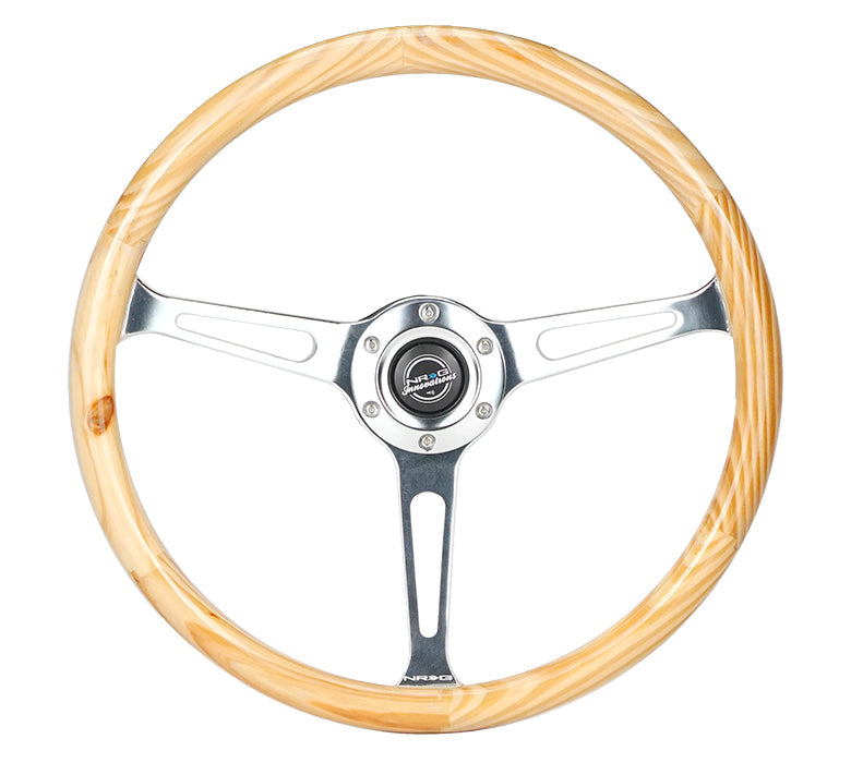 NRG Reinforced Steering Wheel (380mm) Light Wood Grain w/3-Spoke Center Shinny Chrome