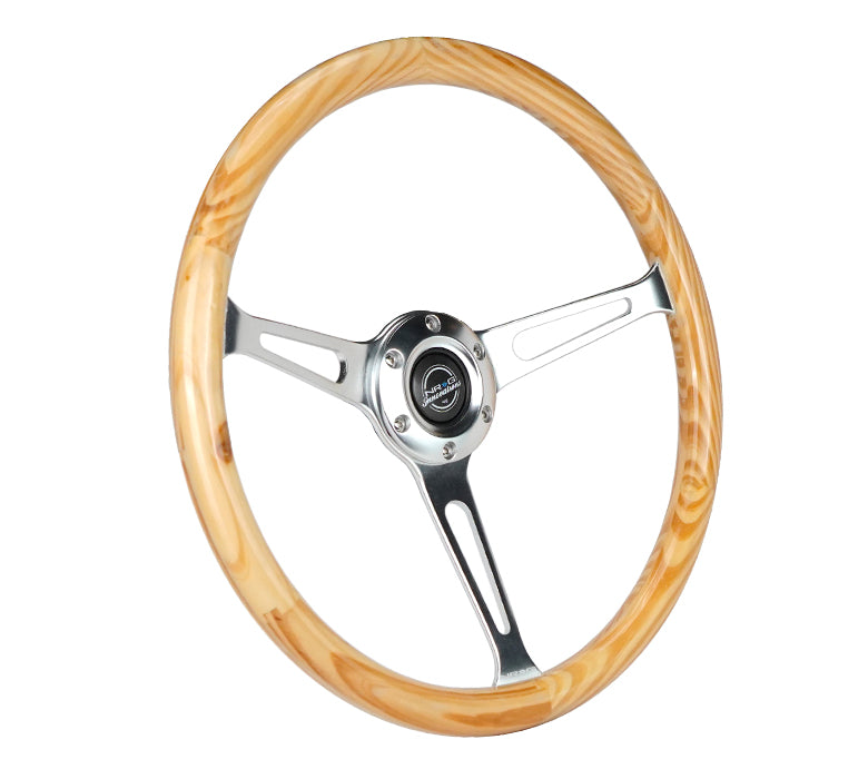 NRG Reinforced Steering Wheel (380mm) Light Wood Grain w/3-Spoke Center Shinny Chrome - 0