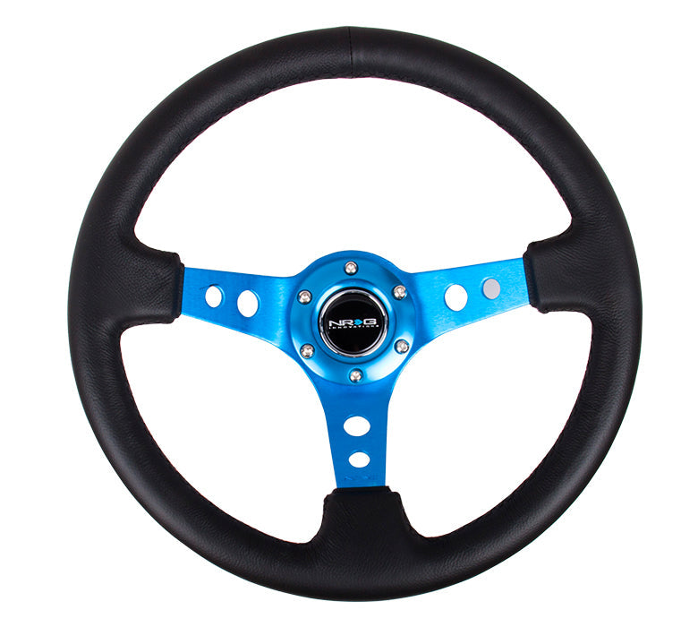 NRG Reinforced Steering Wheel (350mm / 3in. Deep) Blk Leather w/Blue Circle Cutout Spokes