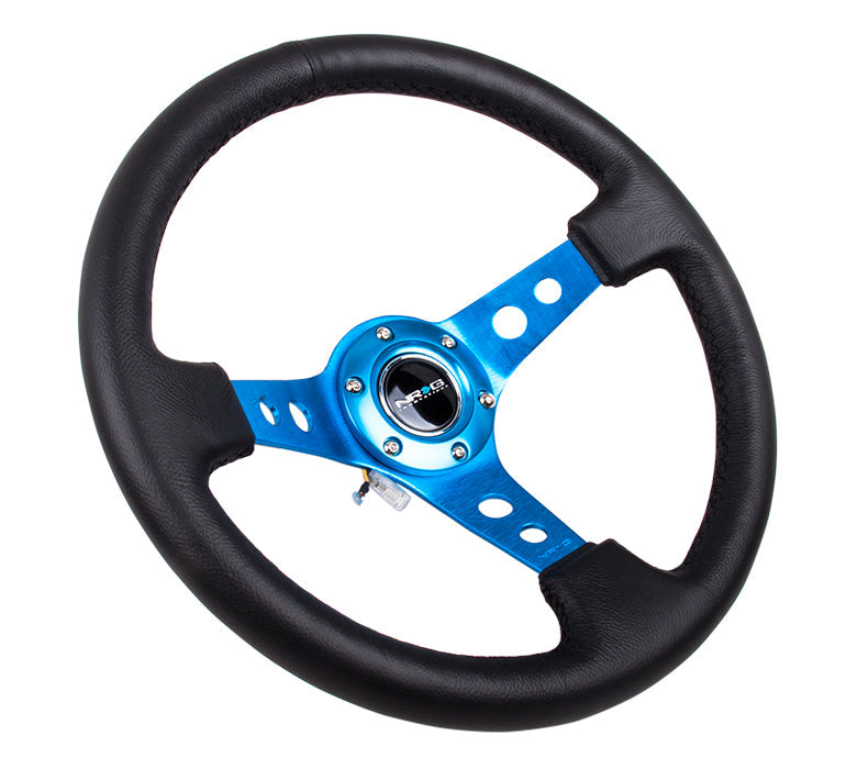 NRG Reinforced Steering Wheel (350mm / 3in. Deep) Blk Leather w/Blue Circle Cutout Spokes - 0