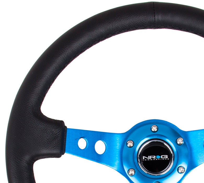 NRG Reinforced Steering Wheel (350mm / 3in. Deep) Blk Leather w/Blue Circle Cutout Spokes