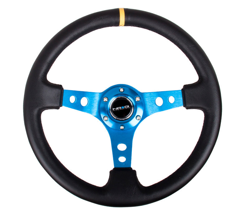 NRG Reinforced Steering Wheel (350mm / 3in. Deep) Blk Leather w/Blue Cutout Spoke & Single Yellow CM