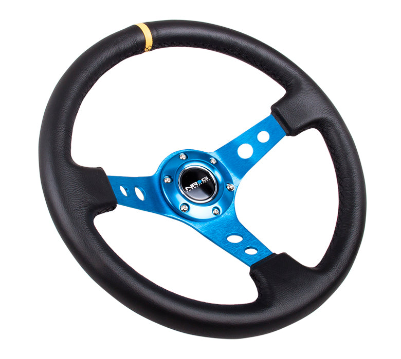 NRG Reinforced Steering Wheel (350mm / 3in. Deep) Blk Leather w/Blue Cutout Spoke & Single Yellow CM - 0