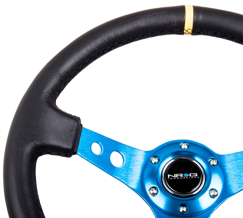 NRG Reinforced Steering Wheel (350mm / 3in. Deep) Blk Leather w/Blue Cutout Spoke & Single Yellow CM