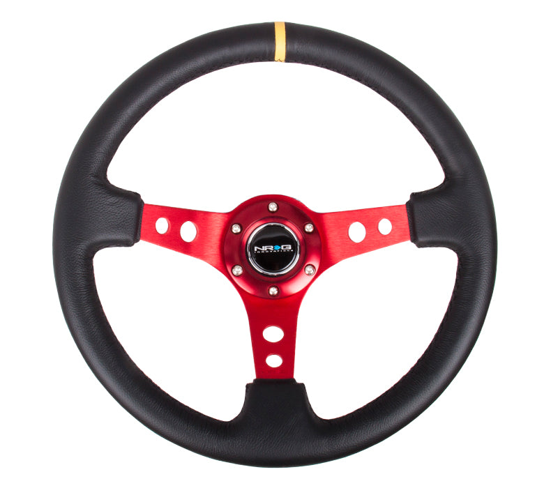 NRG Reinforced Steering Wheel (350mm / 3in. Deep) Blk Leather w/Red Spokes & Sgl Yellow Center Mark