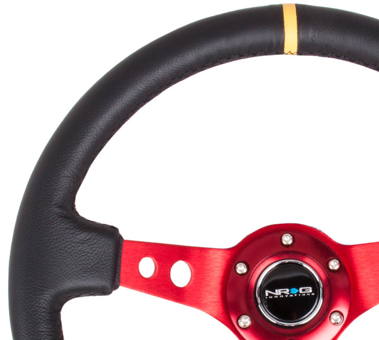 NRG Reinforced Steering Wheel (350mm / 3in. Deep) Blk Leather w/Red Spokes & Sgl Yellow Center Mark - 0