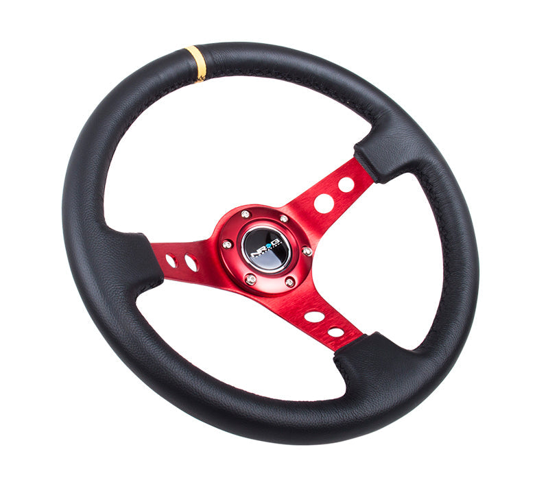 NRG Reinforced Steering Wheel (350mm / 3in. Deep) Blk Leather w/Red Spokes & Sgl Yellow Center Mark