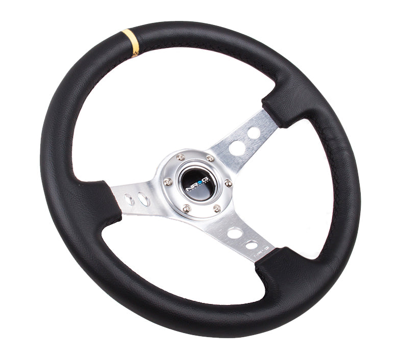 NRG Reinforced Steering Wheel (350mm / 3in. Deep) Blk Leather w/Circle Cut Spokes & Single Yellow CM