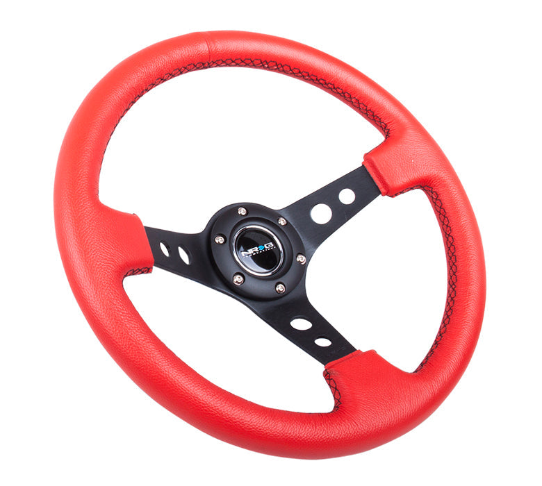 NRG Reinforced Steering Wheel (350mm / 3in. Deep) Red Leather/Blk Stitch w/Blk Circle Cutout Spokes - 0