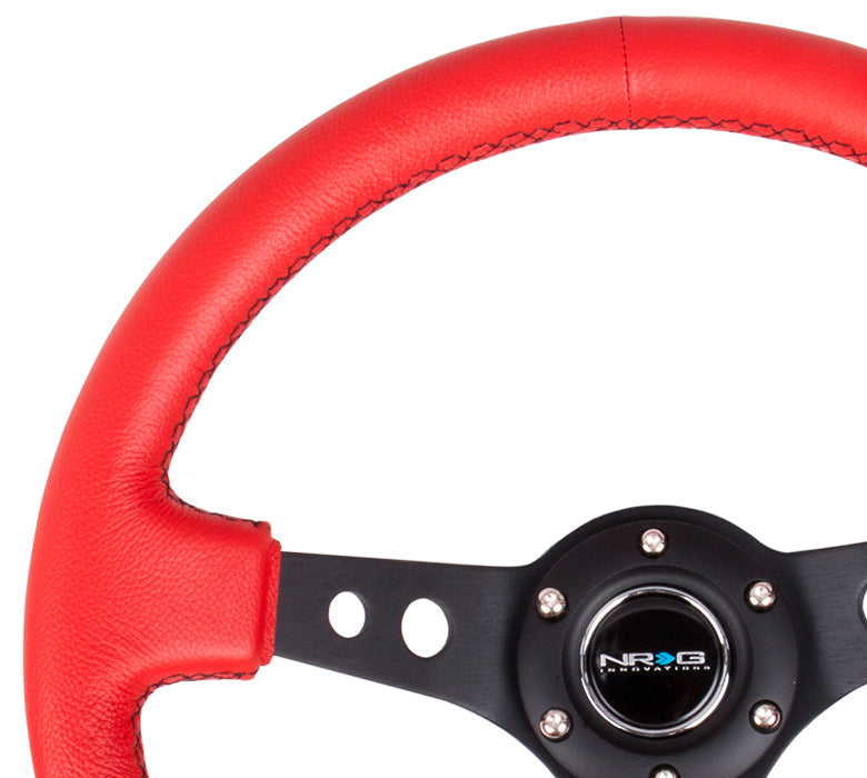 NRG Reinforced Steering Wheel (350mm / 3in. Deep) Red Leather/Blk Stitch w/Blk Circle Cutout Spokes